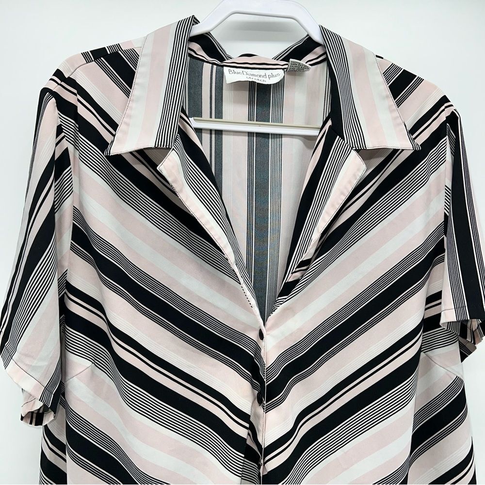 Blue Diamond Plus Stretch Short Sleeve Striped Blouse - Pink/Black/Off White 24 - Picture 2 of 8